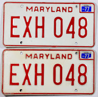 A classic pair of 1977 Maryland Passenger Car License Plates for sale at Brandywine General Store in very good plus condition