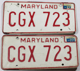 A classic pair of 1977 Maryland Passenger Car License Plates in very good minus condition