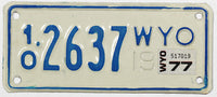 A 1977 Wyoming motorcycle license plate for sale by Brandywine General Store in excellent condition