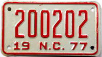1977 North Carolina motorcycle license plate grading excellent