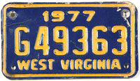 Classic 1977 West Virginia motorcycle License Plate in very good condition with some bends