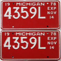 Pair 1978 Michigan license plates for a jurisdictional vehicle grading excellent minus