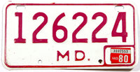 A 1980 Maryland motorcycle license plate for sale at Brandywine General Store in excellent minus condition