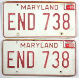 A pair of classic 1980 Maryland car license plates for sale by Brandywine General Store very good minus condition