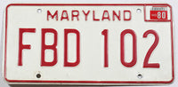 A single classic 1980 Maryland car license plate for sale by Brandywine General Store in very good plus condition