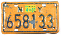 A 1980 New York motorcycle license plate for sale at Brandywine General Store