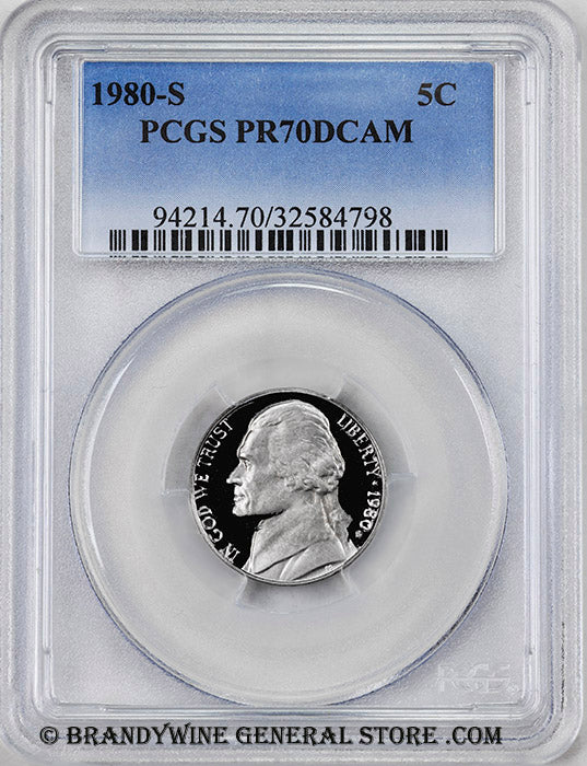 1980-s Jefferson Nickel certified perfect Proof 70 Deep Cameo by PCGS