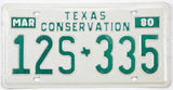 Vintage Texas Conservation license plate from March 1980 with green text on a white background.