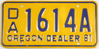 vintage 1981 Oregon dealer license plate grading excellent minus with small crease