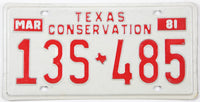 Texas Conservation license plate from March 1981 with red text on a white background