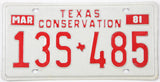 Texas Conservation license plate from March 1981 with red text on a white background