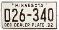1982 Minnesota Dealer License Plate grading very good plus