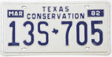 Vintage Texas conservation license plate from March 1982 with blue text on a white background
