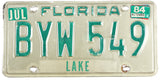 A 1984 Florida passenger car license plate for sale by Brandywine General Store in very good condition
