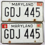1986 Maryland car license plates in very good minus condition also with the 87 DMV sticker