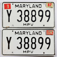 A pair of classic 1986 Maryland Multi-Purpose Vehicle license plates for sale by Brandywine General Store in excellent minus condition