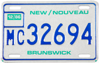 Classic 1986 New Brunswick motorcycle license plate grading excellent plus