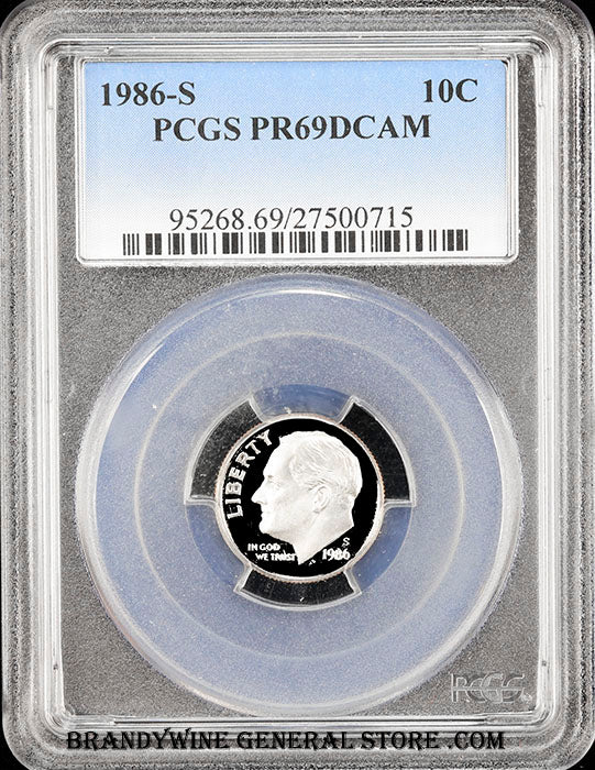 1986-s Roosevelt Dime certified by PCGS at Proof 69 Deep Cameo