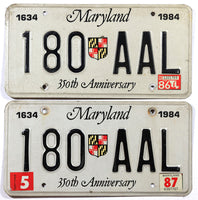 A pair of classic 1987 Maryland 350th anniversary car license plates for sale by Brandywine General Store in very good condition