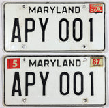 A pair of classic 1987 Maryland Passenger Car License Plate for sale at Brandywine General Store