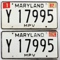 A pair of classic 1987 Maryland Multi-Purpose Vehicle license plates for sale by Brandywine General Store in very good plus condition