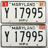 A pair of classic 1987 Maryland Multi-Purpose Vehicle license plates for sale by Brandywine General Store in very good plus condition