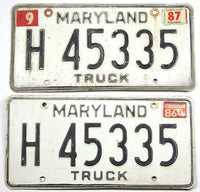 A pair of classic 1987 Maryland truck license plates for sale by Brandywine General Store