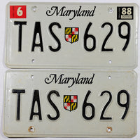 A pair of classic 1988 Maryland Passenger Car License Plate for sale at Brandywine General Store in very good plus condition