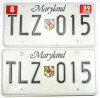 A pair of classic 1989 Maryland Passenger Car License Plate for sale at Brandywine General Store