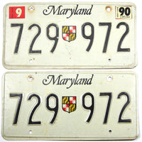 A pair of classic 1990 Maryland Passenger Car License Plate for sale at Brandywine General Store