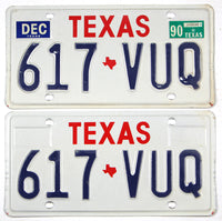 A pair of classic 1990 Texas car license plates for sale by Brandywine General Store in excellent minus condition
