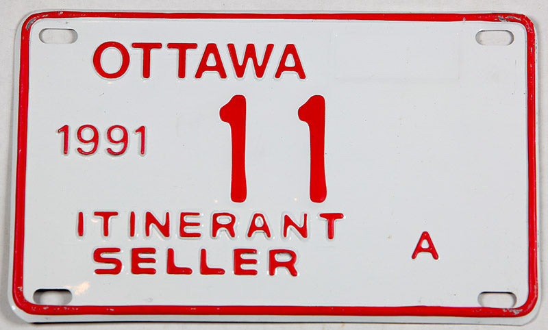 1991 Ottawa Ontario Canada itinerant seller license plate in excellent condition