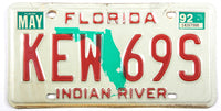 A 1992 Florida passenger car license plate for sale by Brandywine General Store in very good condition