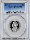 1992-s Jefferson Nickel certified perfect Proof 70 Deep Cameo by PCGS