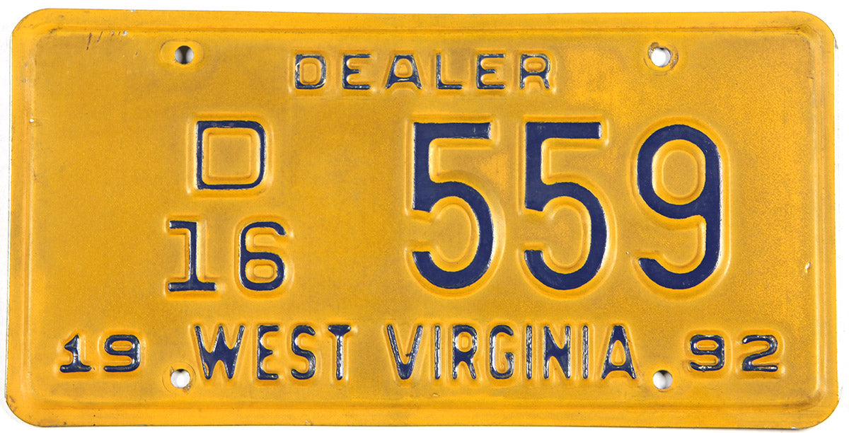  classic 1992 West Virginia dealer license plate grading very good