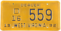  classic 1992 West Virginia dealer license plate grading very good