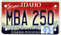 A classic 1993 Idaho scenic motorcycle license plate for sale at Brandywine General Store in very good plus condition
