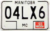 A classic 1993 Manitoba Canada motorcycle license plate for sale at Brandywine General Store in excellent condition