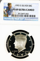A beautiful 1993-S Kennedy Silver half dollar proof coin that has been professionally graded by Numismatic Guaranty Corporation or NGC at Proof 69 Ultra Cameo