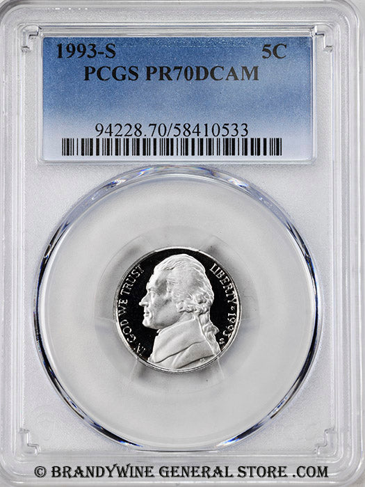 1993-s Jefferson Nickel certified perfect Proof 70 Deep Cameo by PCGS