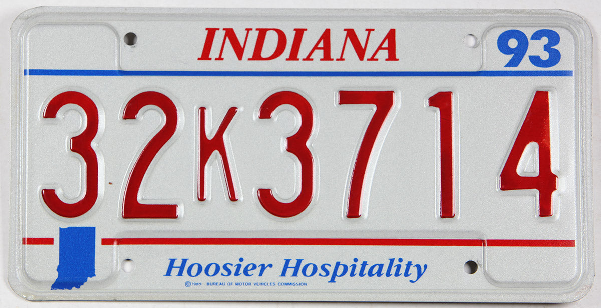 Classic 1993 Indiana car license plate in excellent condition