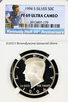 A beautiful 1994-S Kennedy Silver half dollar proof coin that has been professionally graded by Numismatic Guaranty Corporation or NGC at Proof 69 Ultra Cameo