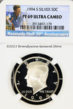 A beautiful 1994-S Kennedy Silver half dollar proof coin that has been professionally graded by Numismatic Guaranty Corporation or NGC at Proof 69 Ultra Cameo