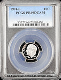 1994-s Roosevelt Dime certified by PCGS at Proof 69 Deep Cameo