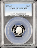 1994-s Roosevelt Dime certified perfect Proof 70 Deep Cameo by PCGS