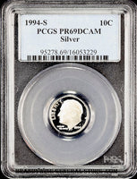 1994-s Roosevelt silver Dime certified by PCGS at Proof 69 Deep Cameo