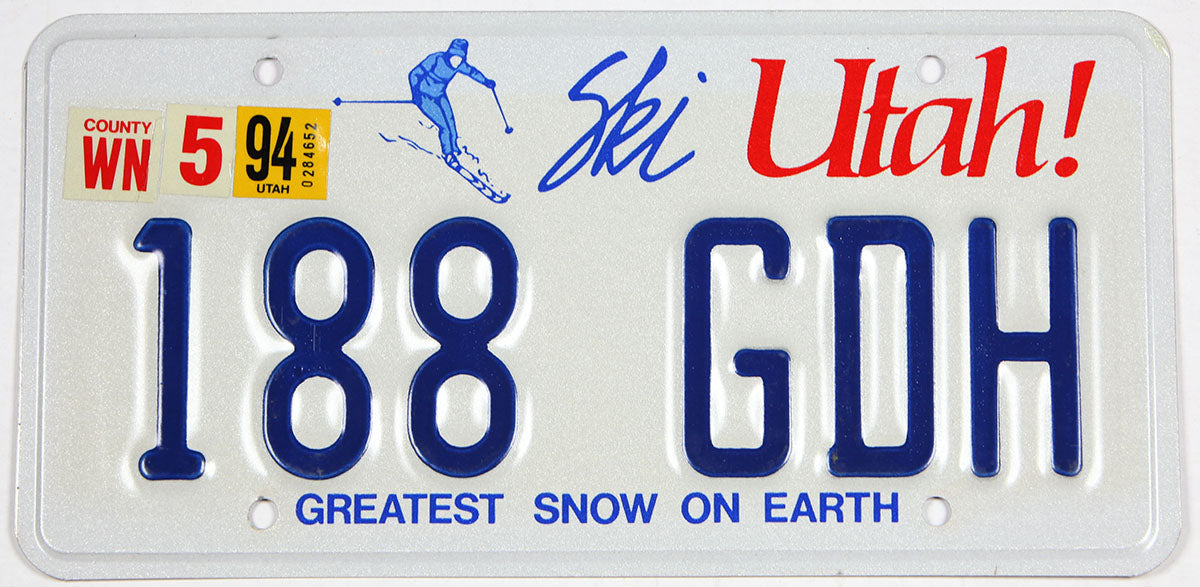 1994 Utah single Ski car License Plate in excellent plus condition