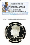 A beautiful 1995-S Kennedy Silver half dollar proof coin that has been professionally graded by Numismatic Guaranty Corporation or NGC at Proof 69 Ultra Cameo
