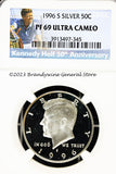 A beautiful 1996-S Kennedy Silver half dollar proof coin that has been professionally graded by Numismatic Guaranty Corporation or NGC at Proof 69 Ultra Cameo