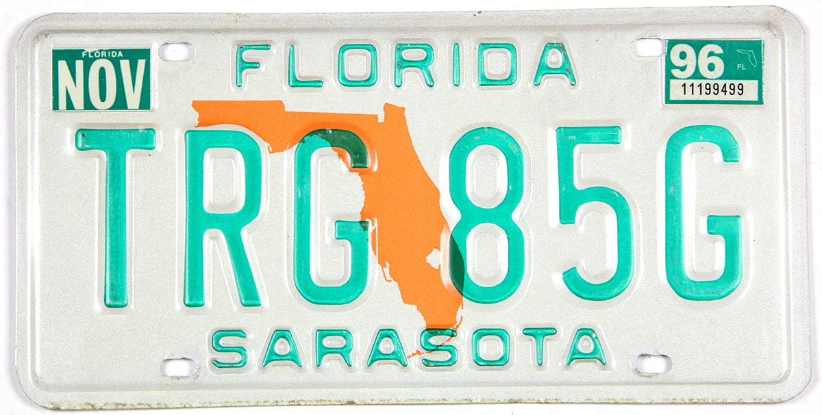 1996 Florida car license plate from Sarasota county grading excellent minus